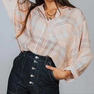 2352 * Free People Cropped Cutie Plaid Button Down Cream Orange Size L
